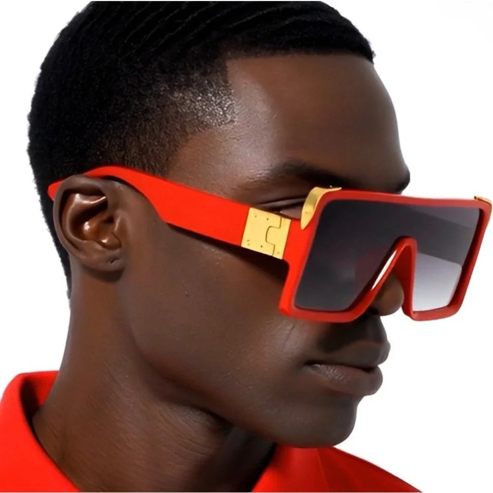 Oversized Square Sunglasses Red Frame Gold Black Lens Stretwear Men Eyewear 2026